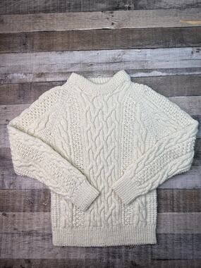 Vintage Hand Knit Wool Fisherman Sweater Women Small Aran Ireland Chunky Beige